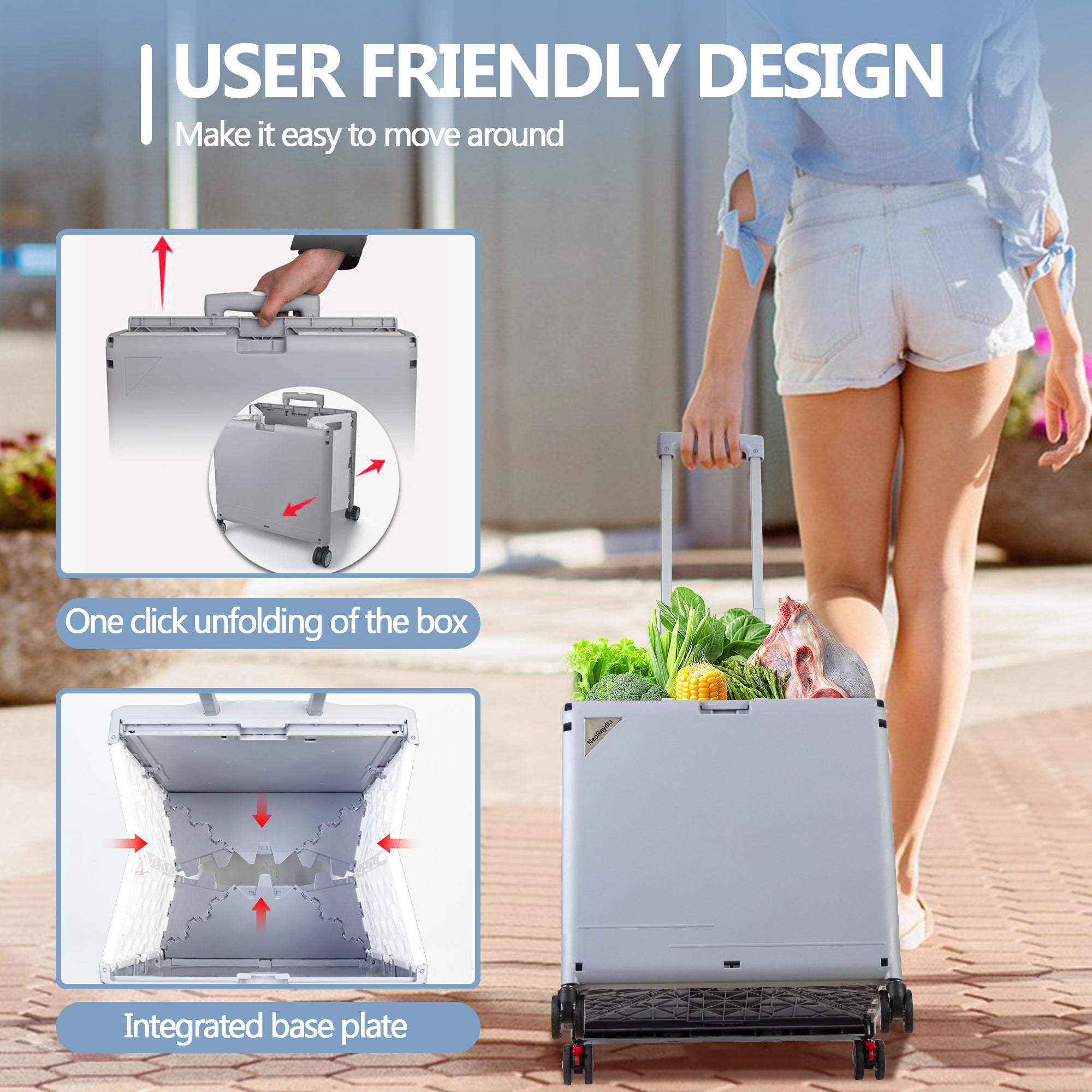 Foldable Cart with Wheels, Heavy Duty Rolling Cart for Teachers, Collapsible Utility Cart with 360° Wheels, Folding Storage Organizer for Classroom, Office, Kitchen, Grocery Shopping (Grey)