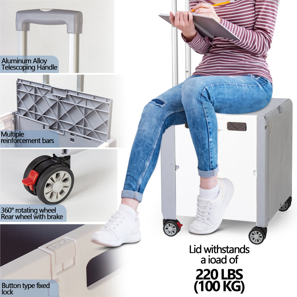 Foldable Cart with Wheels, Heavy Duty Rolling Cart for Teachers, Collapsible Utility Cart with 360° Wheels, Folding Storage Organizer for Classroom, Office, Kitchen, Grocery Shopping (Grey)