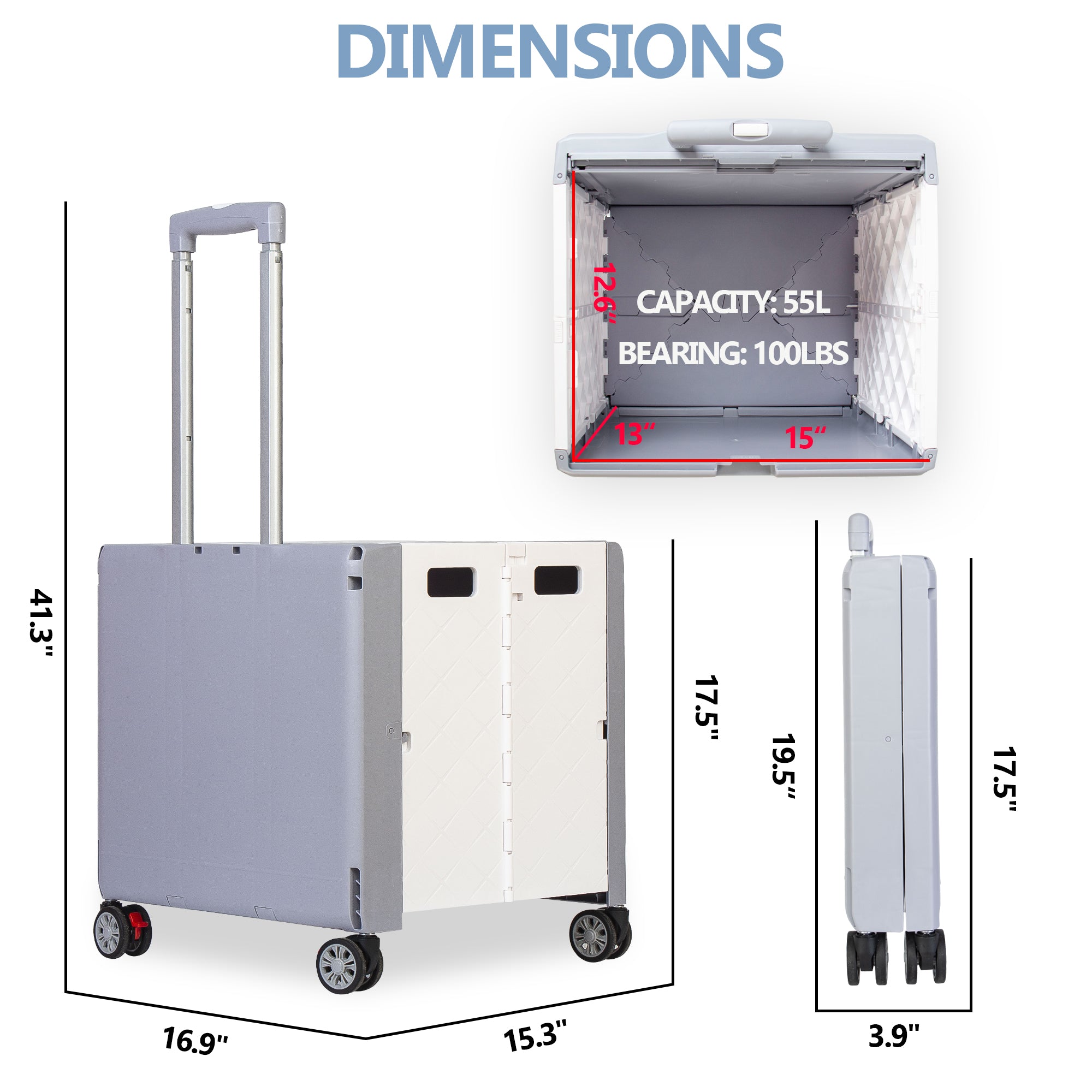 Foldable Cart with Wheels, Heavy Duty Rolling Cart for Teachers, Collapsible Utility Cart with 360° Wheels, Folding Storage Organizer for Classroom, Office, Kitchen, Grocery Shopping (Grey)