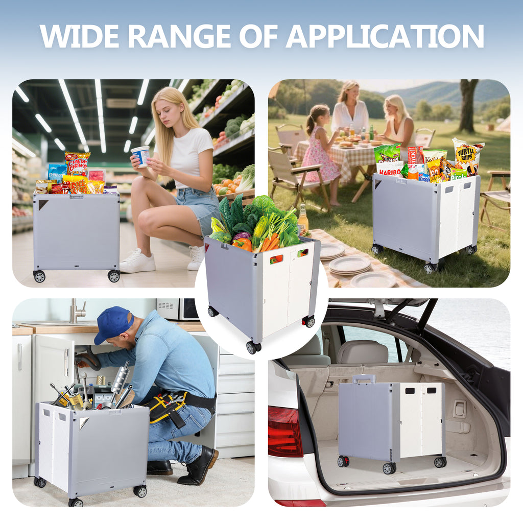 Foldable Cart with Wheels, Heavy Duty Rolling Cart for Teachers, Collapsible Utility Cart with 360° Wheels, Folding Storage Organizer for Classroom, Office, Kitchen, Grocery Shopping (Grey)