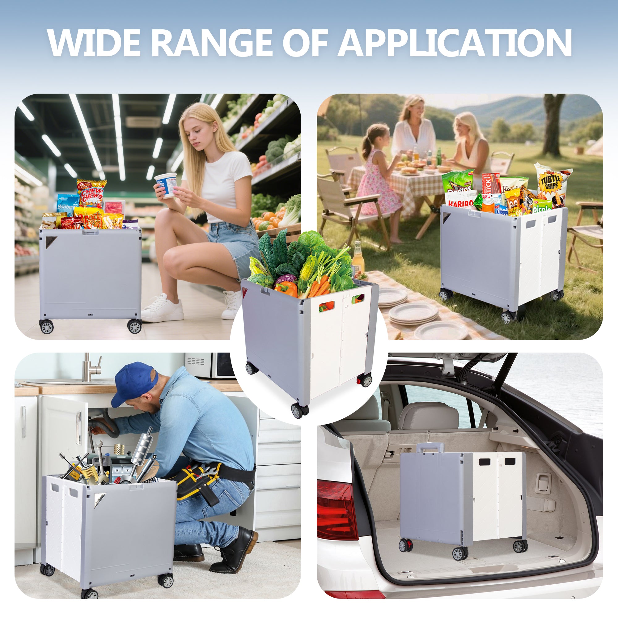 Foldable Cart with Wheels, Heavy Duty Rolling Cart for Teachers, Collapsible Utility Cart with 360° Wheels, Folding Storage Organizer for Classroom, Office, Kitchen, Grocery Shopping (Grey)