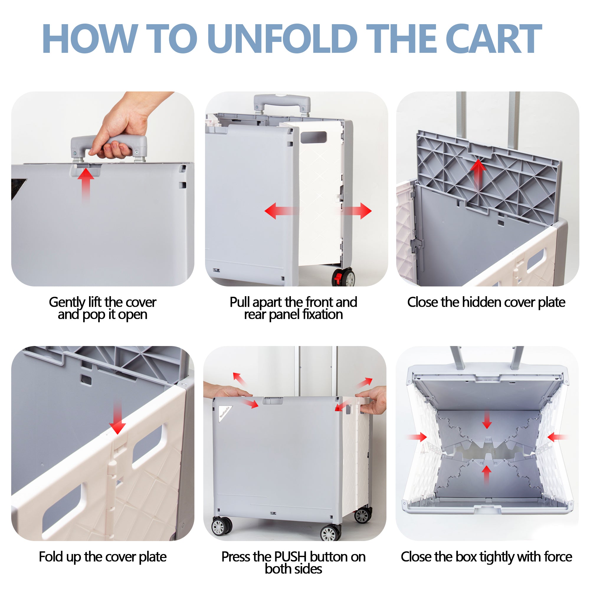 Foldable Cart with Wheels, Heavy Duty Rolling Cart for Teachers, Collapsible Utility Cart with 360° Wheels, Folding Storage Organizer for Classroom, Office, Kitchen, Grocery Shopping (Grey)
